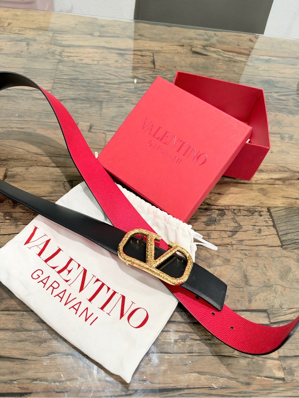 Valentino Garavani Red and Black Reversible Leather Belt with Gold V Logo Buckle